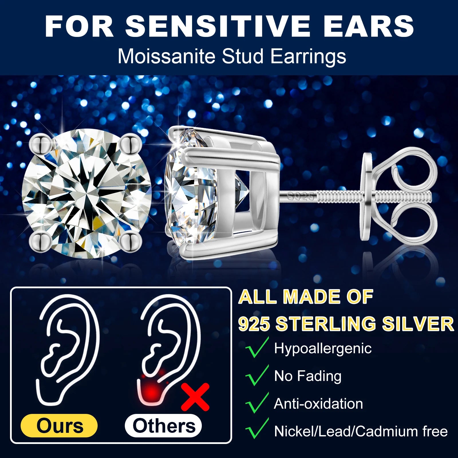 Elegant Moissanite Stud Earrings in 925 Sterling Silver